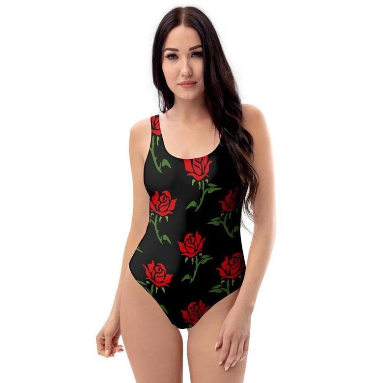 Red Doodle Rose Floral One Piece Swimsuite