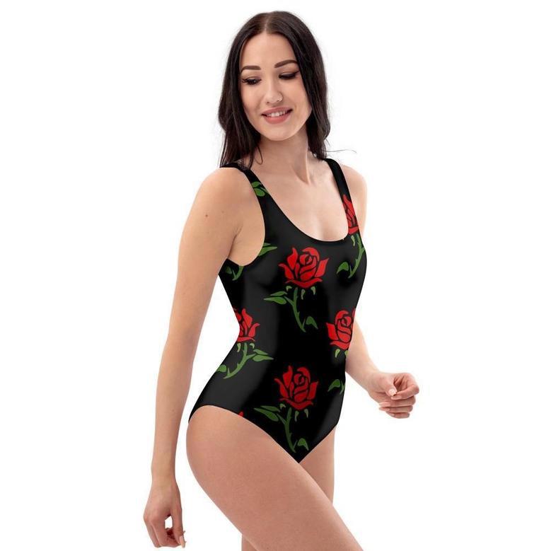 Red Doodle Rose Floral One Piece Swimsuite