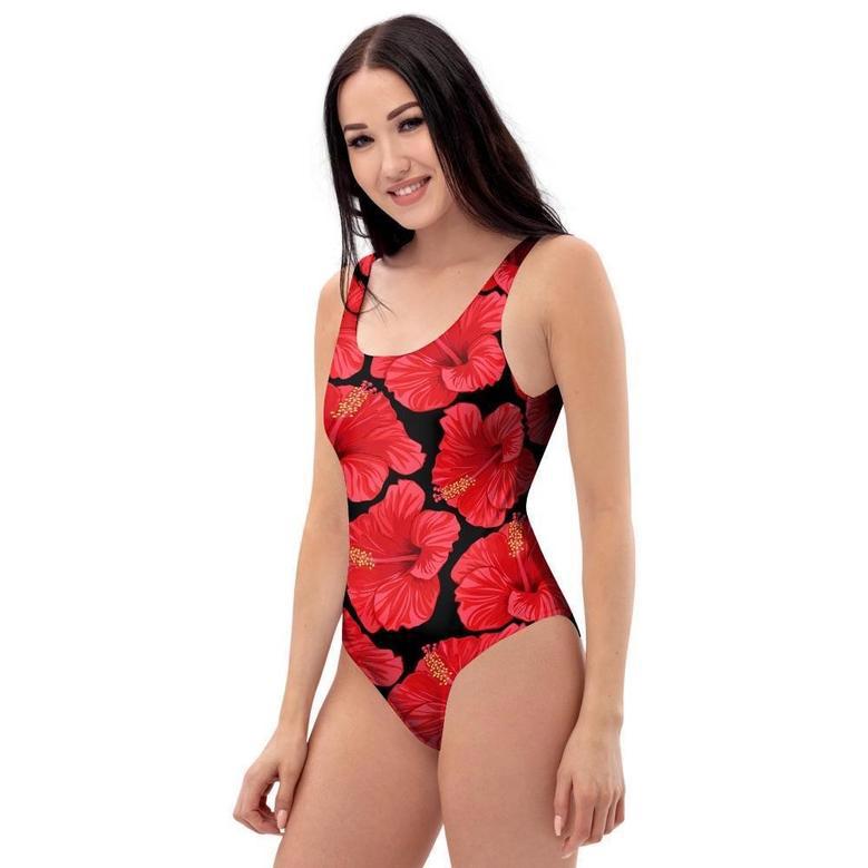 Red Hibiscus Flower Hawaiian Print One Piece Swimsuite