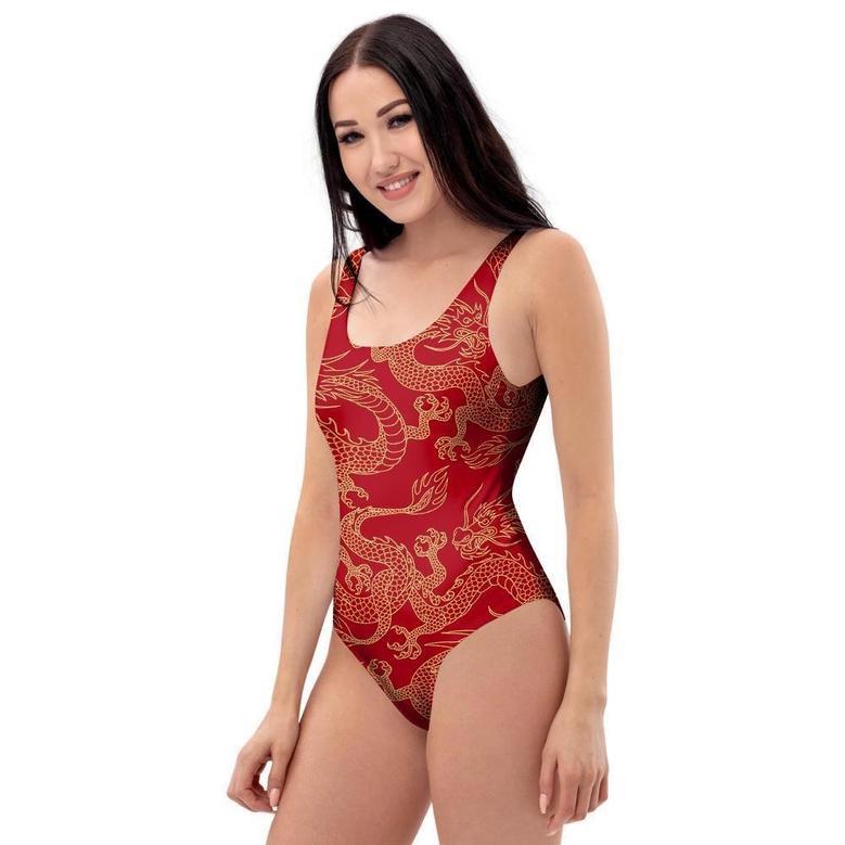 Red Oriental Chinese Dragon One Piece Swimsuite