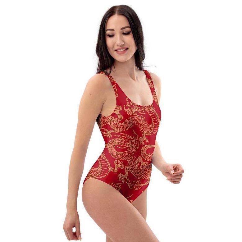 Red Oriental Chinese Dragon One Piece Swimsuite