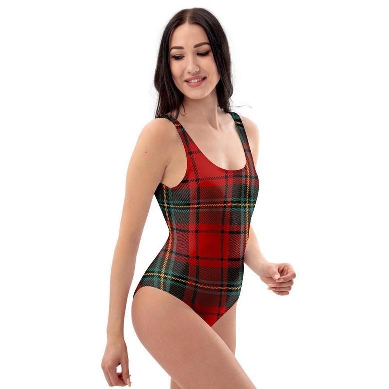 Red Plaid Tartan One Piece Swimsuite