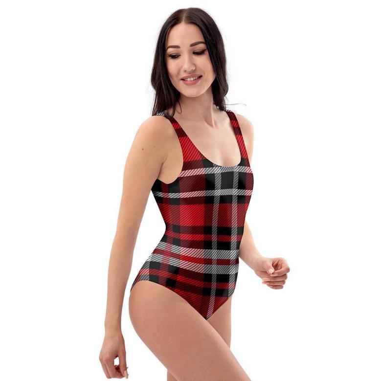 Red Plaid Tartan Print One Piece Swimsuite