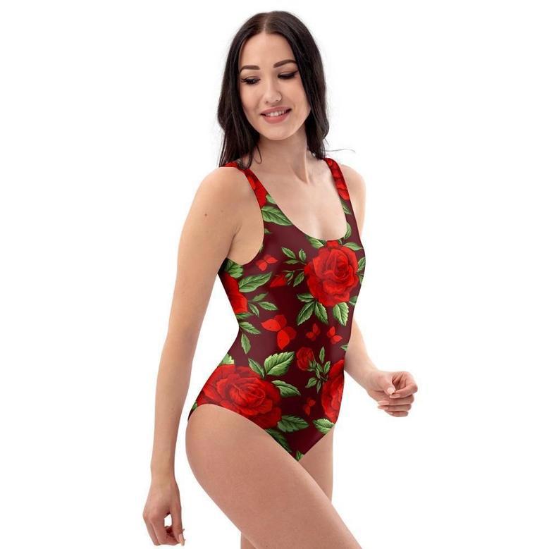 Red Rose Flower One Piece Swimsuite