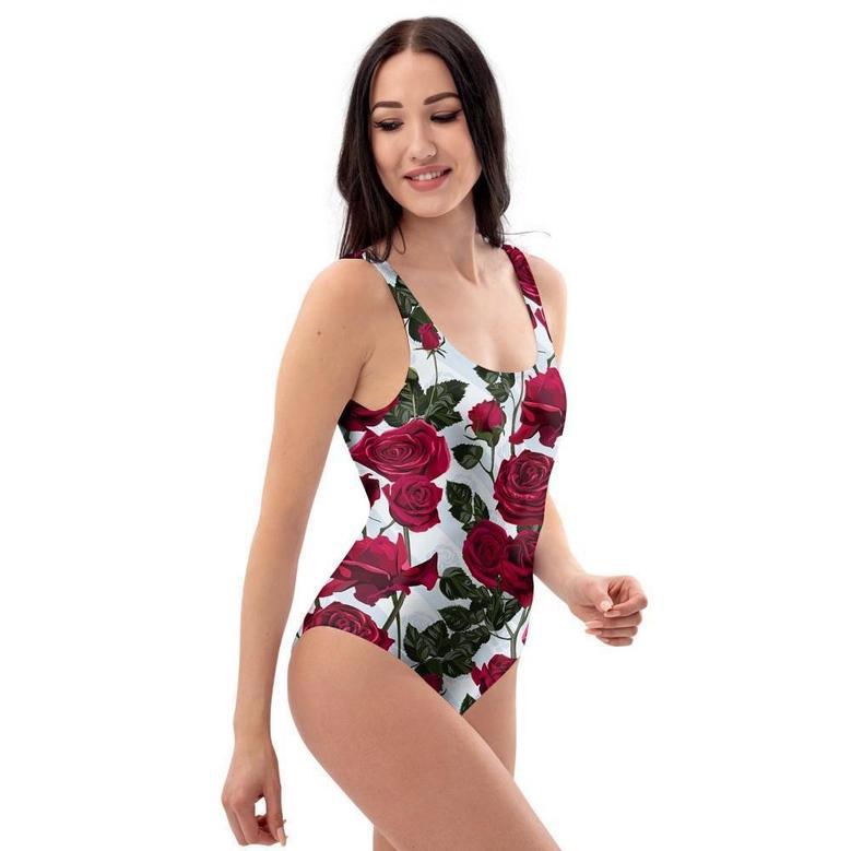 Red Rose Flower Print One Piece Swimsuite