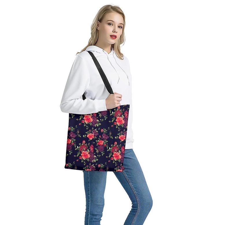 Red Violet Roses Floral Pattern Print Tote Bag