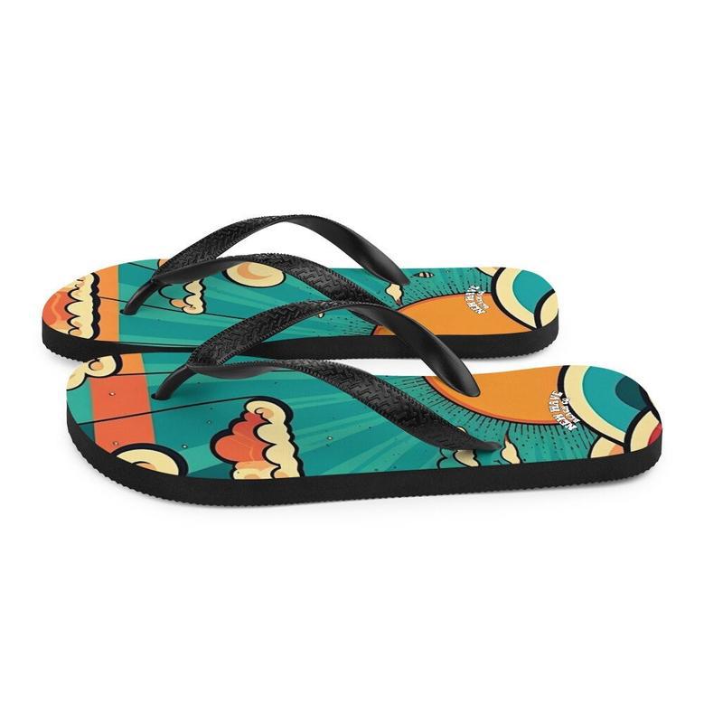 Retro Cartoon Sunshine Sky Flip Flops Colorful