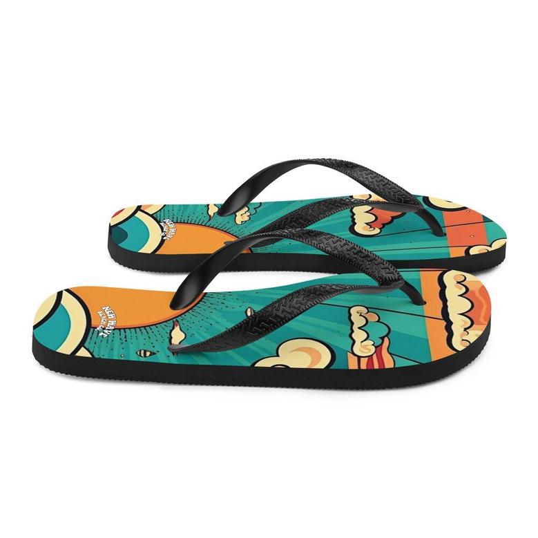 Retro Cartoon Sunshine Sky Flip Flops Colorful