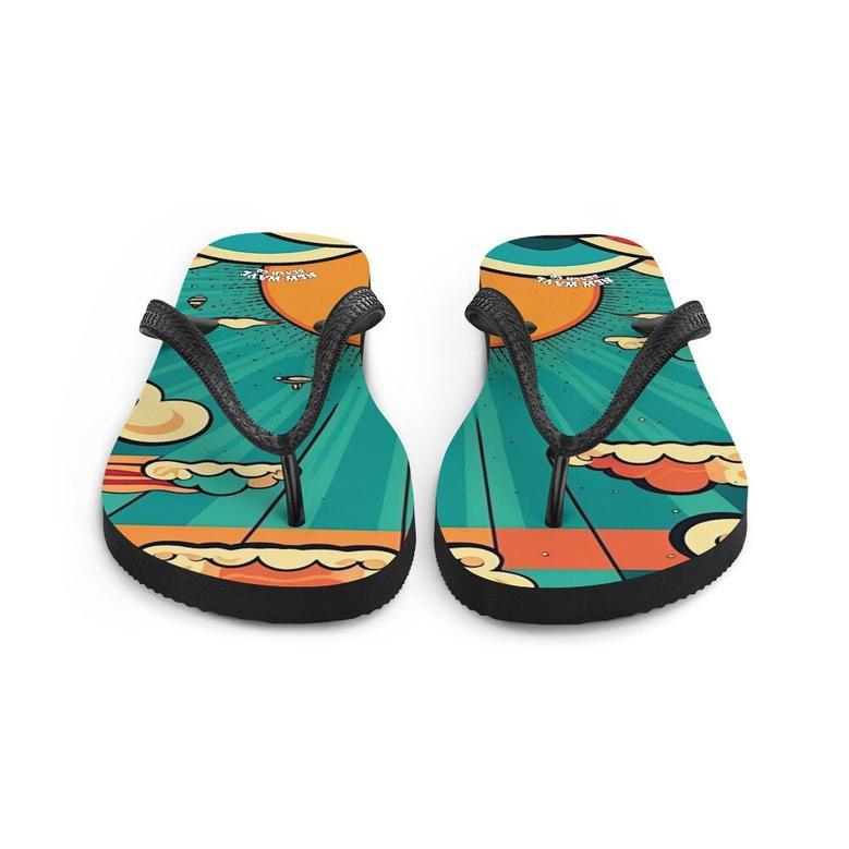 Retro Cartoon Sunshine Sky Flip Flops Colorful