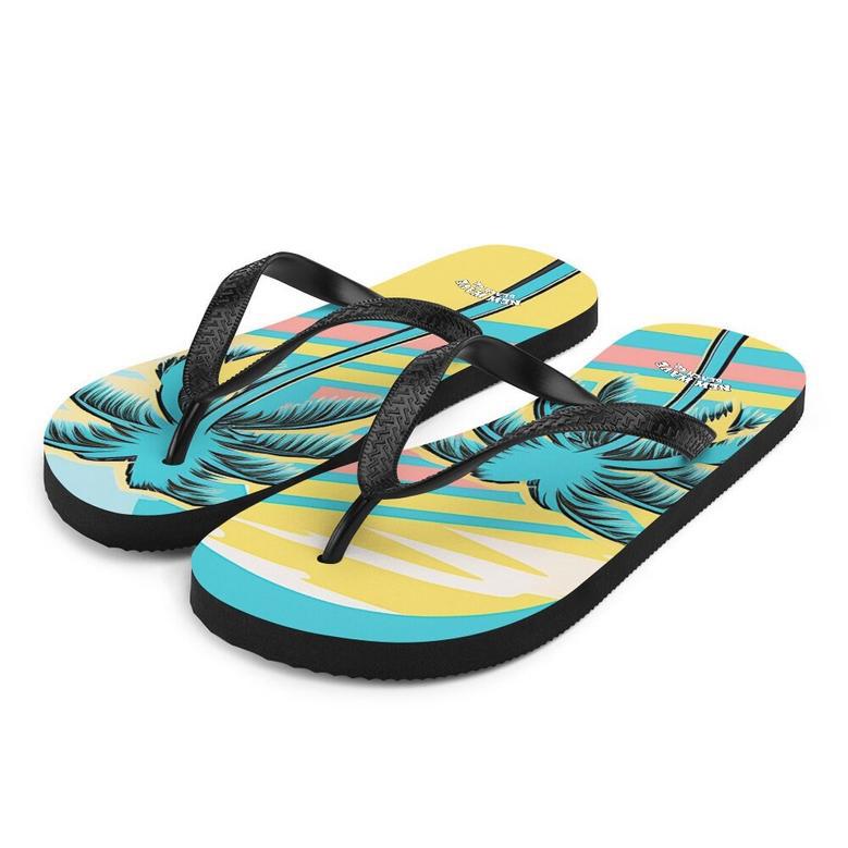 Retro Yellow Blue Faded Palm Tree Flip Flops Colorful