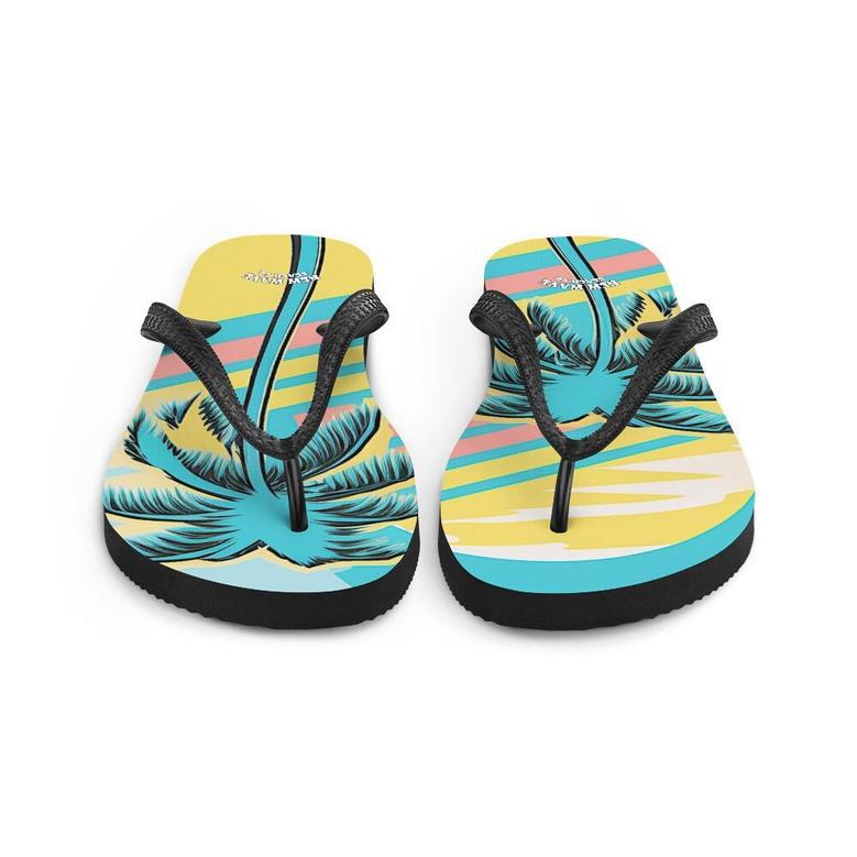 Retro Yellow Blue Faded Palm Tree Flip Flops Colorful