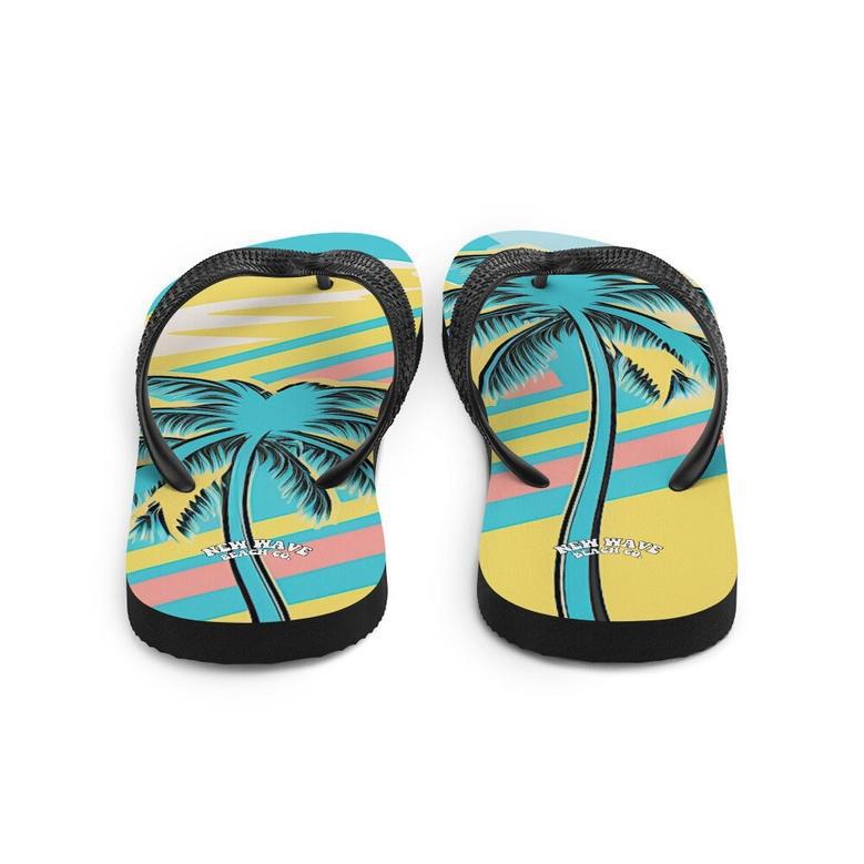 Retro Yellow Blue Faded Palm Tree Flip Flops Colorful