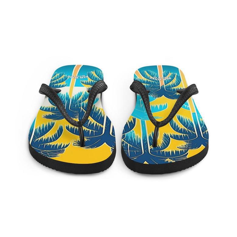 Retro Yellow Blue Tropical Palm Trees Flip Flops Colorful