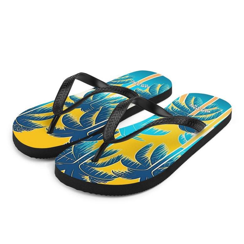 Retro Yellow Blue Tropical Palm Trees Flip Flops Colorful