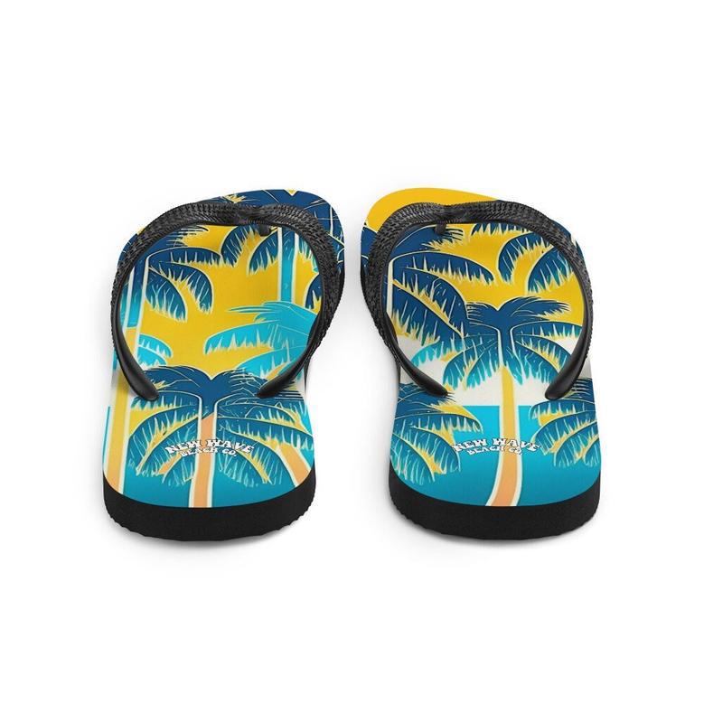 Retro Yellow Blue Tropical Palm Trees Flip Flops Colorful