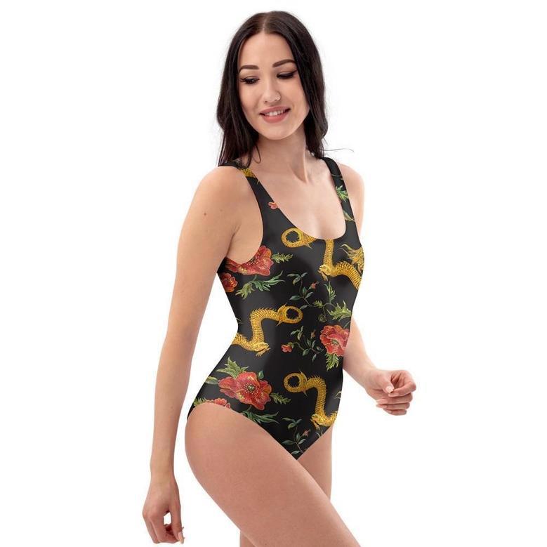 Rose Floral Golden Dragon Print One Piece Swimsuite