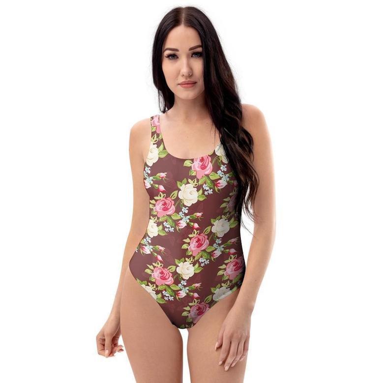 Rose Floral Print One Piece Swimsuite