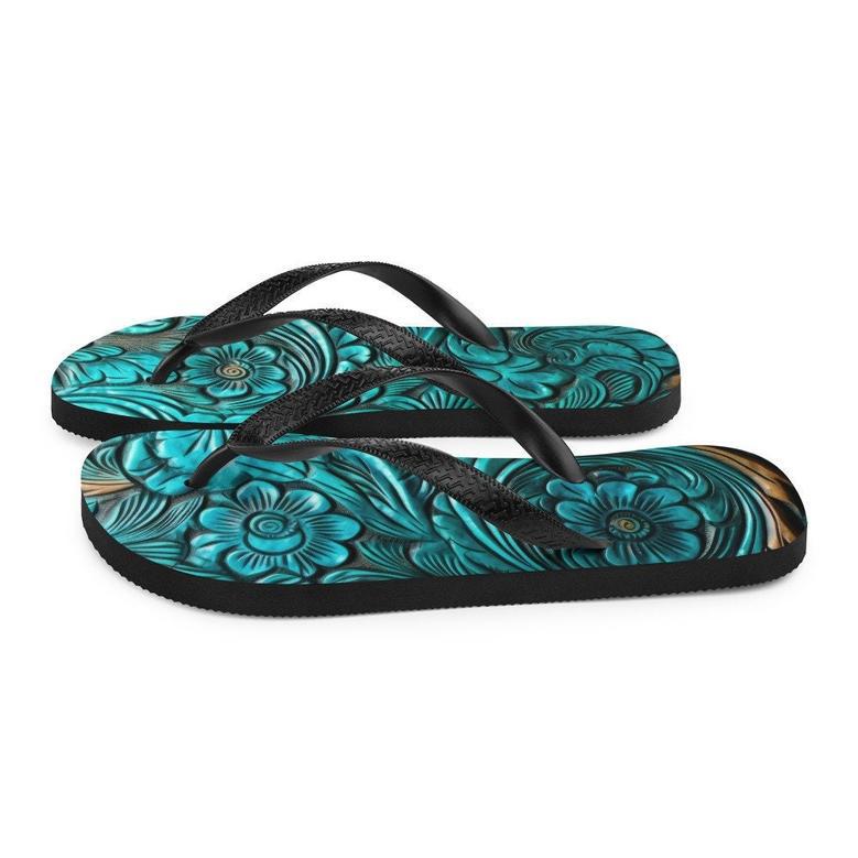 Scrolled Leather Design Blue Flip-Flops