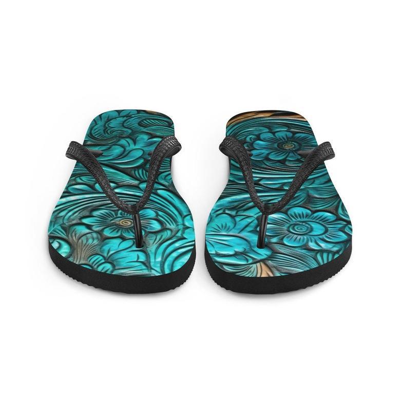 Scrolled Leather Design Blue Flip-Flops