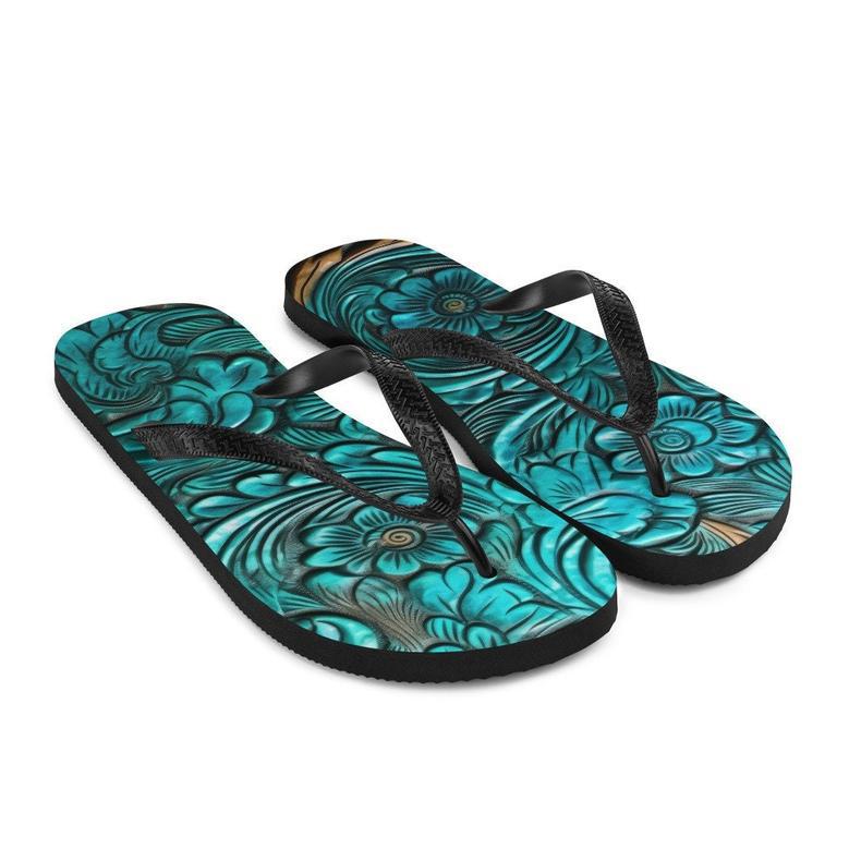 Scrolled Leather Design Blue Flip-Flops