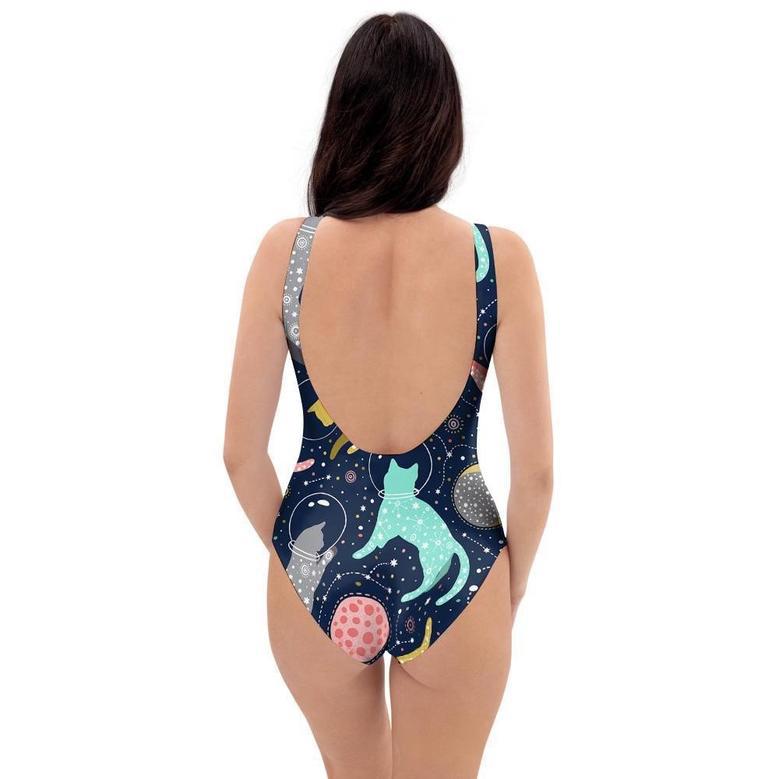 Space Cat Print One Piece Swimsuite