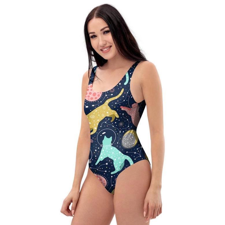 Space Cat Print One Piece Swimsuite