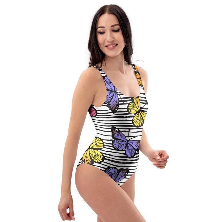 Striped Butterfly Print One Piece Swimsuite