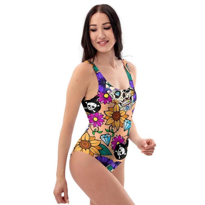 Sugar Skull Flower One Piece Swimsuite