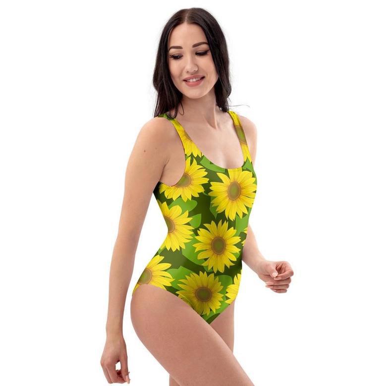 Sunflower Flower Print One Piece Swimsuite