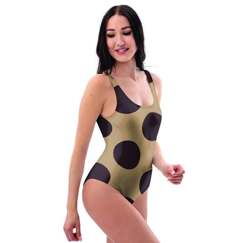 Tan And Black Polka Dot One Piece Swimsuite