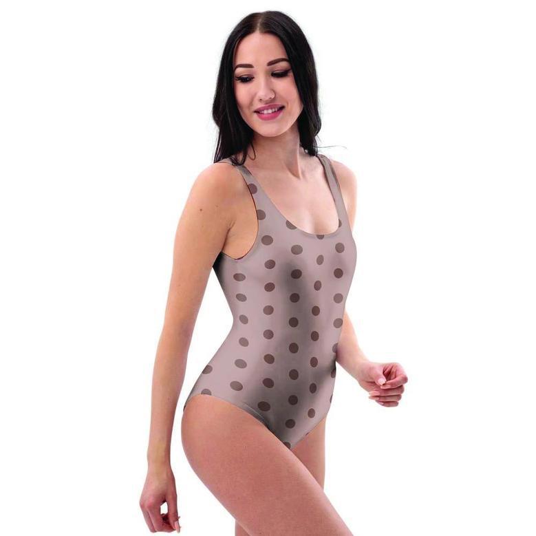 Tan Brown Polka Dot One Piece Swimsuite