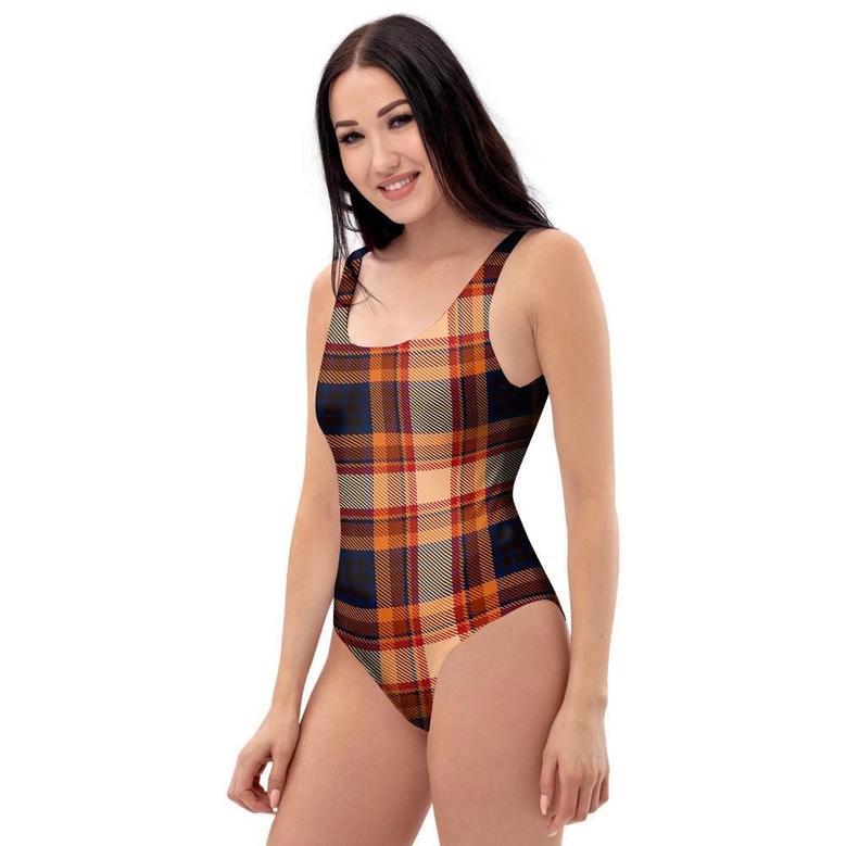 Tartan Brown Plaid One Piece Swimsuite