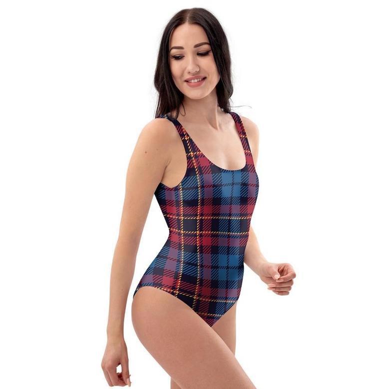 Tartan Red And Blue Plaid One Piece Swimsuite