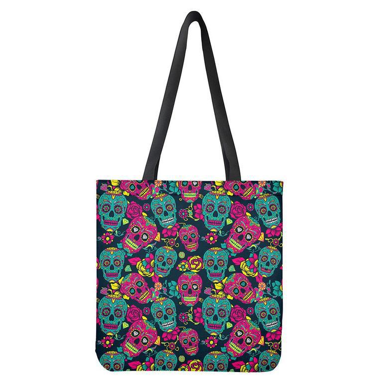 Teal Pink Sugar Skull Pattern Print Tote Bag