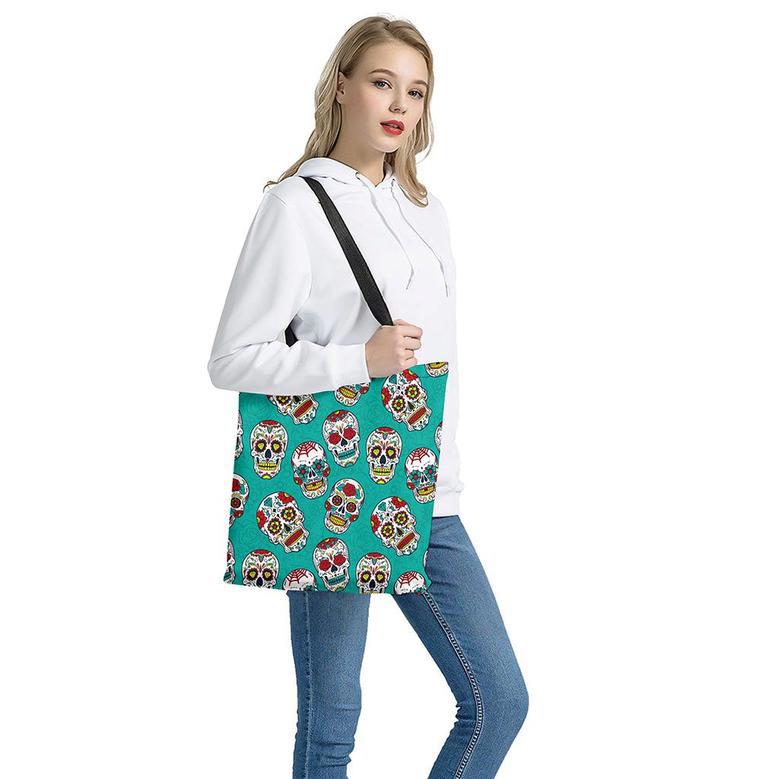 Teal Sugar Skull Pattern Print Tote Bag