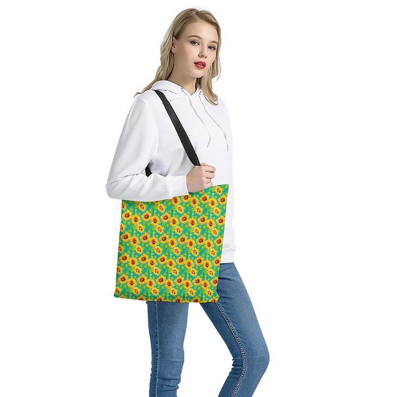 Teal Watercolor Sunflower Pattern Print Tote Bag