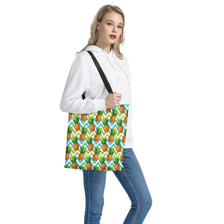 Teal Zig Zag Pineapple Pattern Print Tote Bag