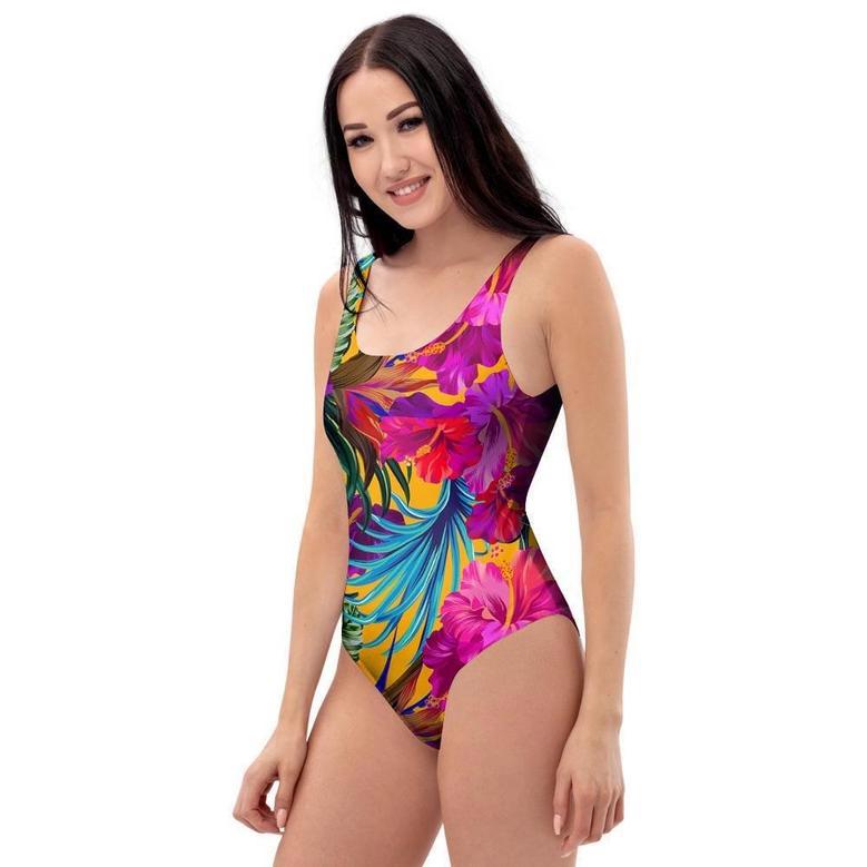 Tropical Hibiscus Flower Hawaiian Print One Piece Swimsuite