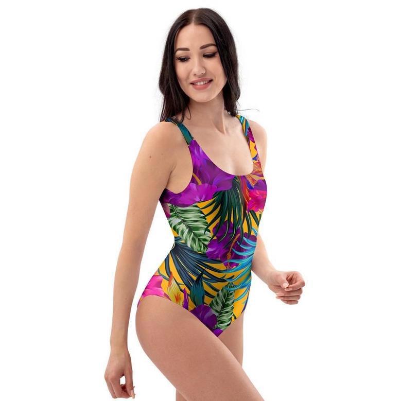 Tropical Hibiscus Flower Hawaiian Print One Piece Swimsuite