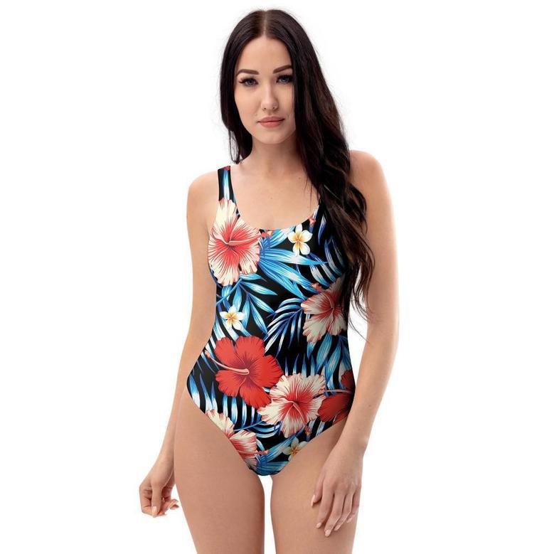 Tropical Hibiscus Flower Print One Piece Swimsuite