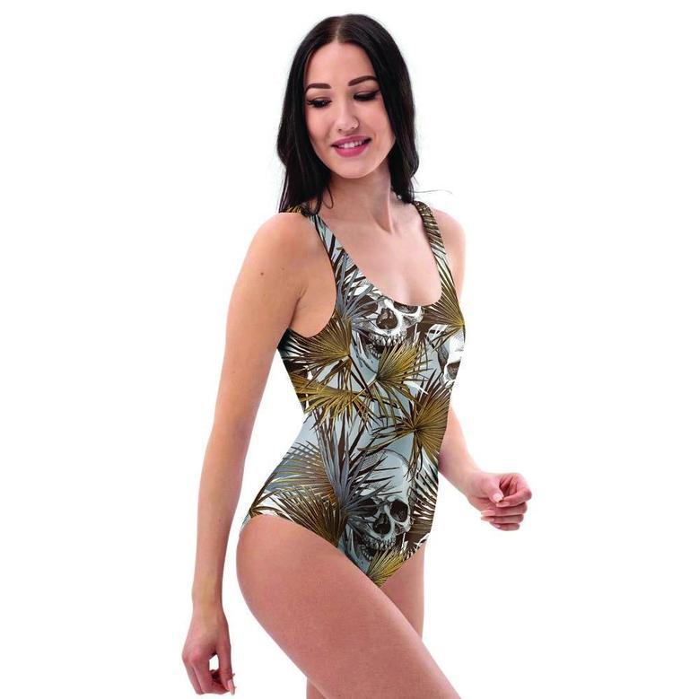 Tropical Leaf Skull One Piece Swimsuite