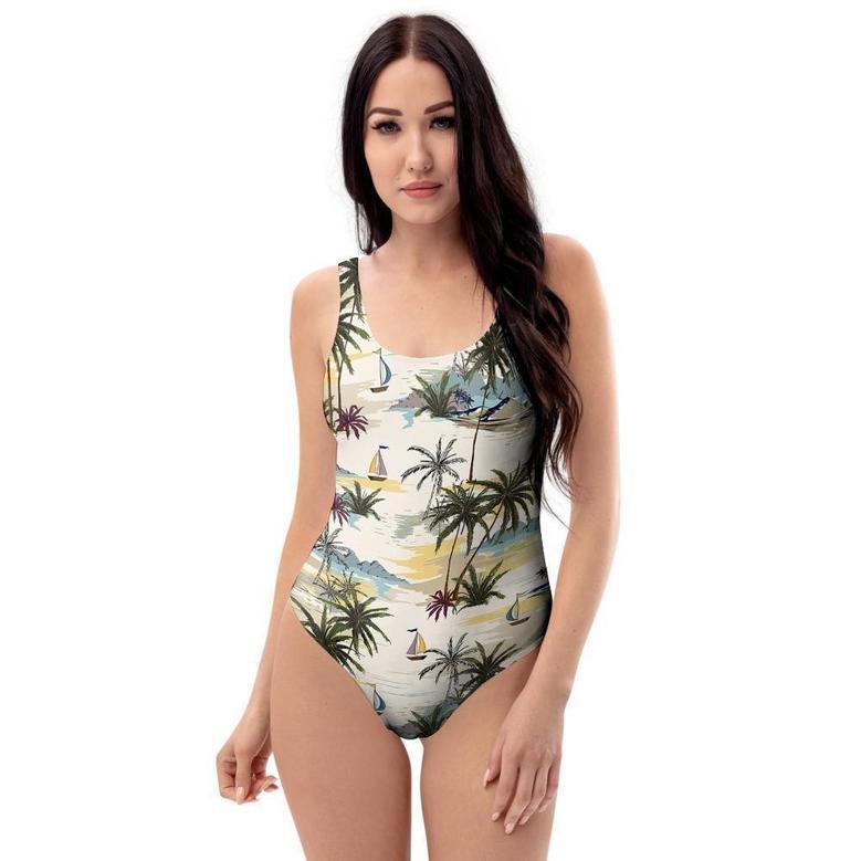 Tropical Palm Lead Island Print One Piece Swimsuite