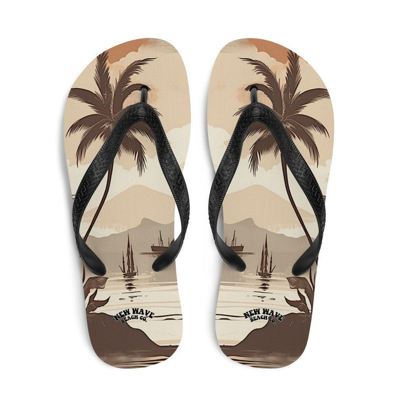 Vintage Faded Brown Island Palm Tree Bay Flip Flops Colorful