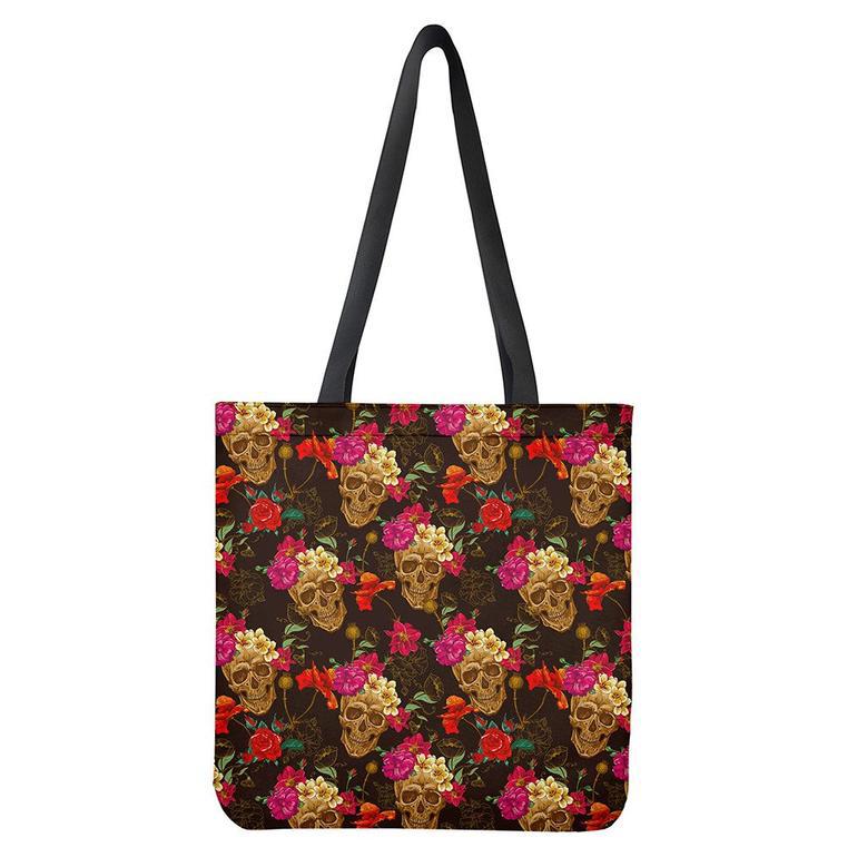 Vintage Flowers Skull Pattern Print Tote Bag