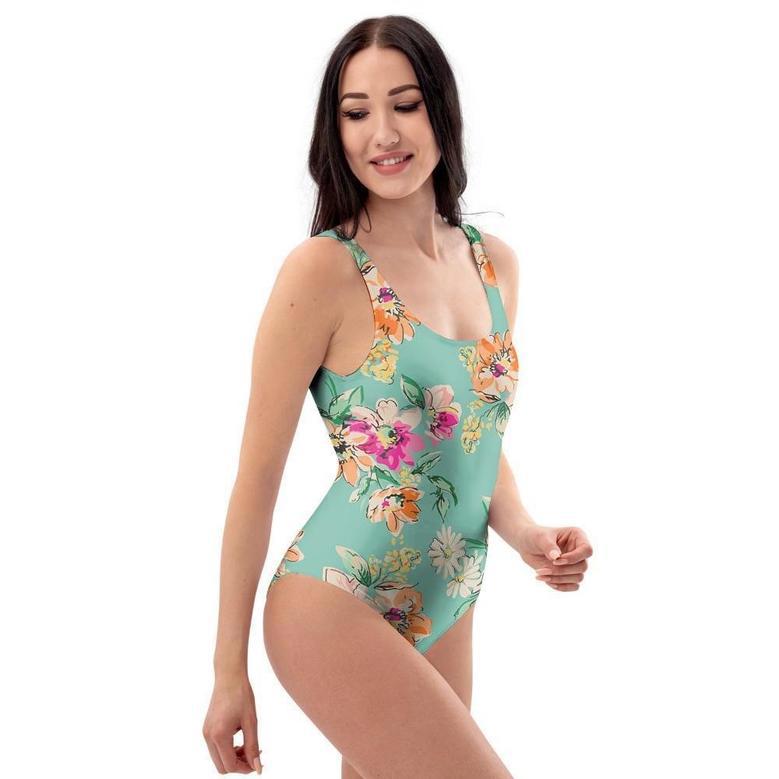 Vintage Pastel Floral Print One Piece Swimsuite