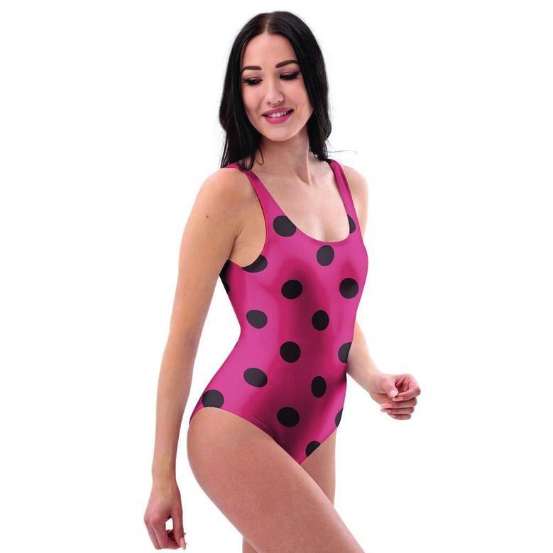 Vintage Pink And Black Polka Dot One Piece Swimsuite