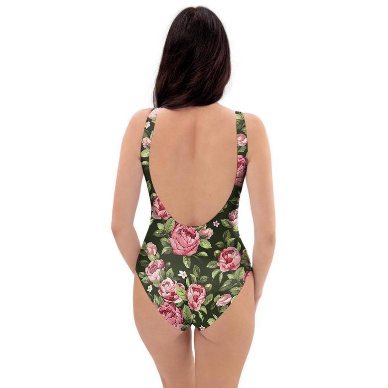 Vintage Pink Rose Floral Print One Piece Swimsuite