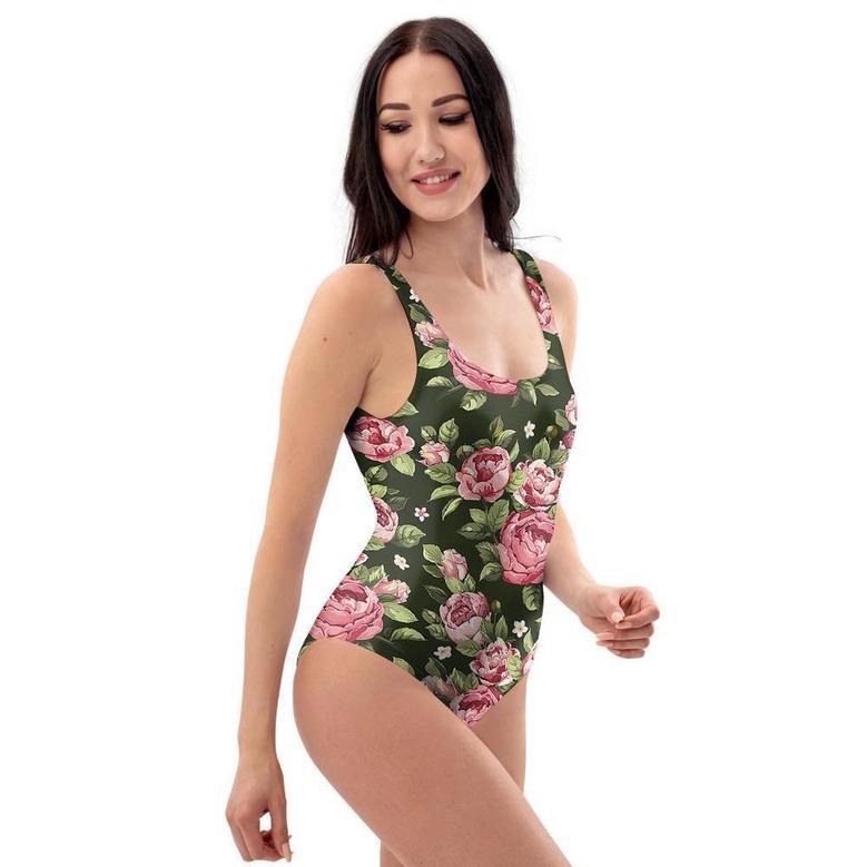 Vintage Pink Rose Floral Print One Piece Swimsuite