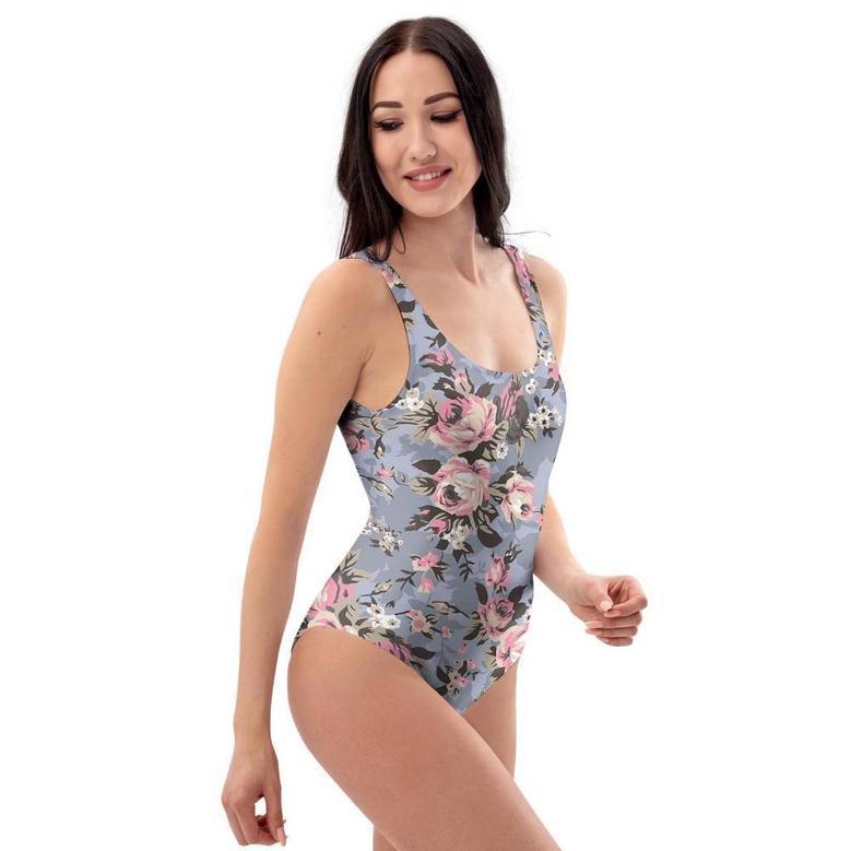 Vintage Pink Rose Flower Print One Piece Swimsuite