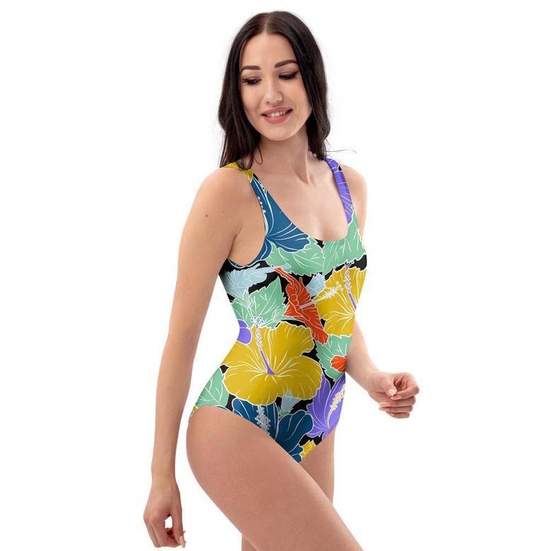 Violet Hibiscus Flower Hawaiian Print One Piece Swimsuite